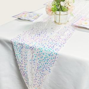JYFLZQ Iridescent White Sequin Table Runner 10ft White Glitter Table Runner Sparkly Metallic Long Table Lines Runner for Wedding Birthday Mermaid Party Decorations (16''x120''-1pcs)