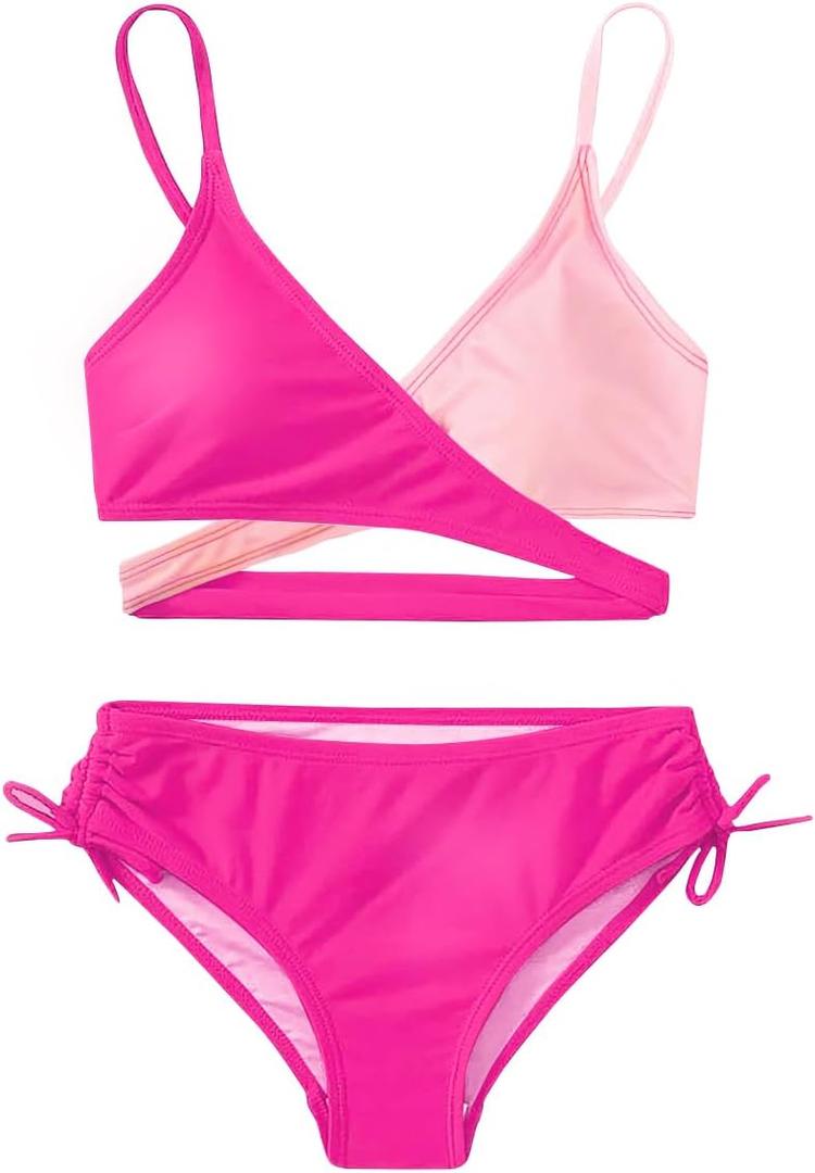 MIENOE Teen Girls Two-Piece Bikini Swimsuits | Removable Chest Pad Nylon Swimwear Kids Size 6-17 Years (Rose/Pink - Cross Style)