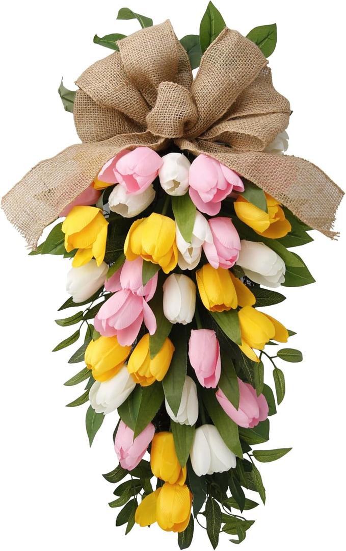26" Artificial Tulips Teardrop Swag with Burlap Bow, Handmade Spring Easter Teardrop Wreath for Front Door & Porch Wall, Spring Easter Decor Decorative Swag