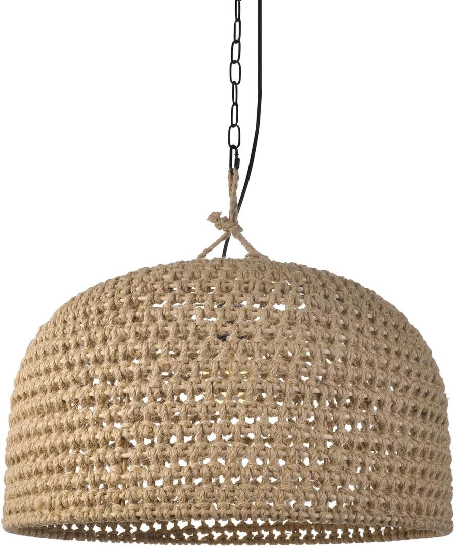 Arturesthome Rustic Woven Dome Pendant Light, Hemp Rope Basket Lampshade Coastal Hanging Lighting Fixture, Adjustable Vintage Farmhouse Chandelierfor Kitchen Island Dining Table Room W 21.6"*H 13.7"