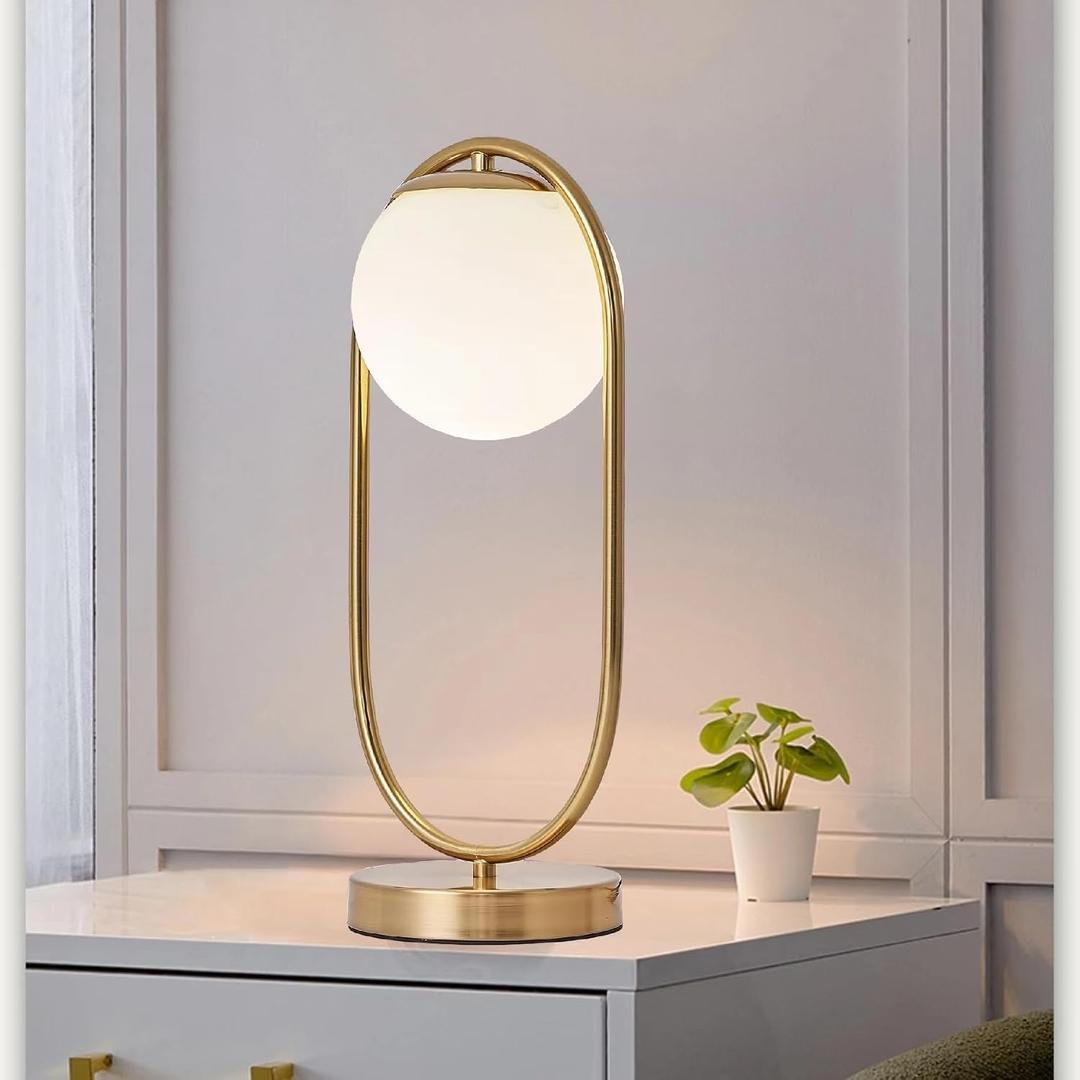 Mid Century Modern Table Lamp White Glass Shade Nightstand Lamp Small Gold Table Lamp for Bedside Bedroom Living Room Office