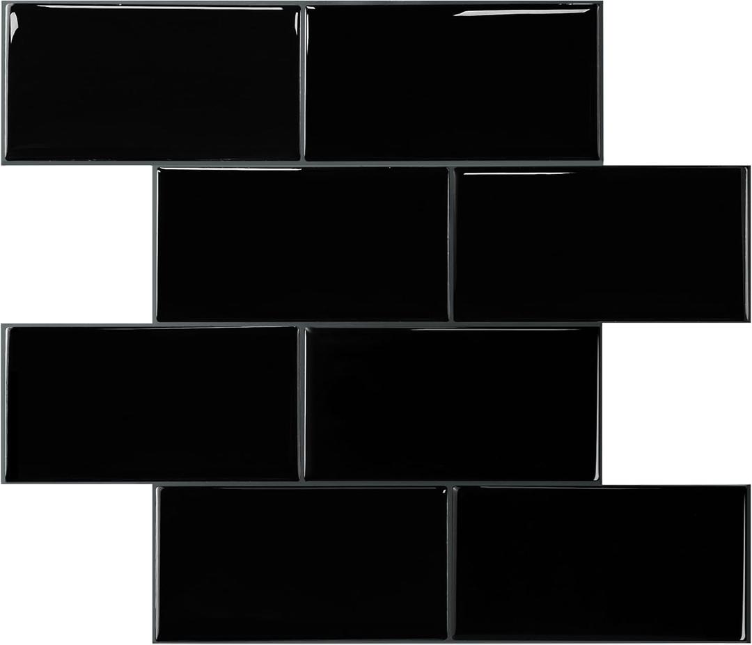 STICKGOO 10-Sheet Backsplash Peel and Stick Subway Tile, Black Self Adhesive Vinyl Wall Tiles, Stick on Backsplash for Kitchen and Bathroom(Thicker Design)