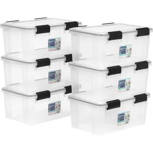 IRIS USA WeatherPro 19 Qt Storage Bins with Lids, 6 Pack, BPA-Free Plastic Gasket Box with Tight Latch and Seal, Stackable Nestable Tote Tub - Clear/Black