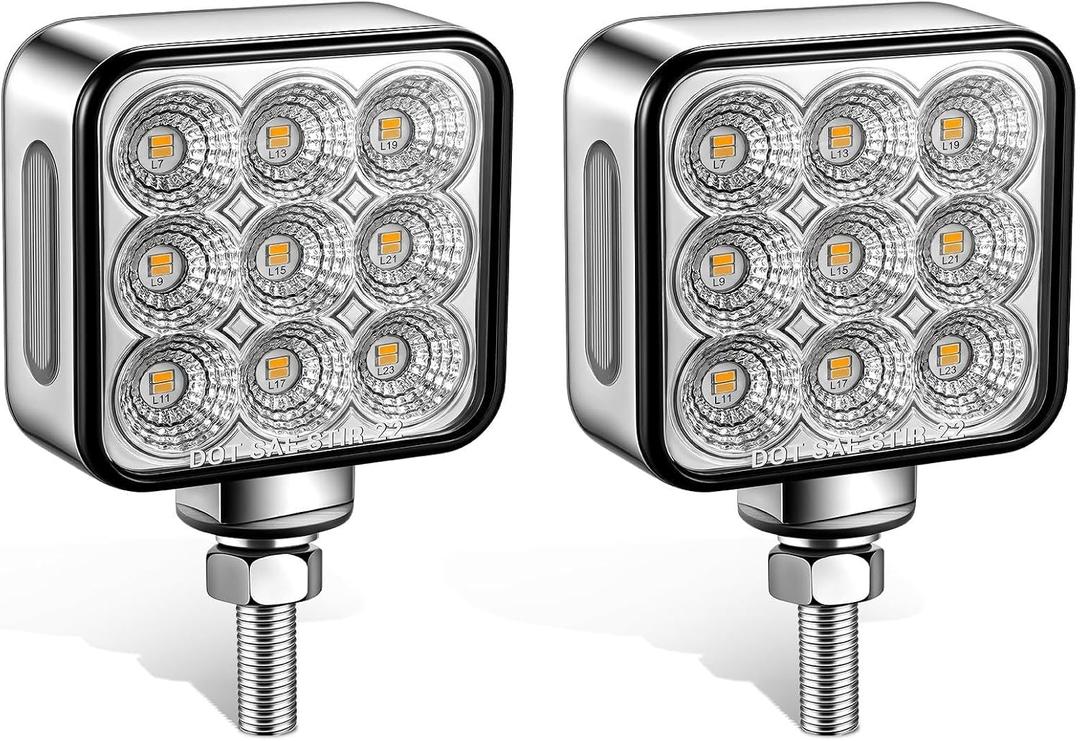 Partsam 2Pcs 3 inch Square Double Face 30LEDs Turn Signal Pedestal Fender Light, Amber/Red To Blue Auxiliary Lights for Semi Truck, T-Mount, Clear Lens