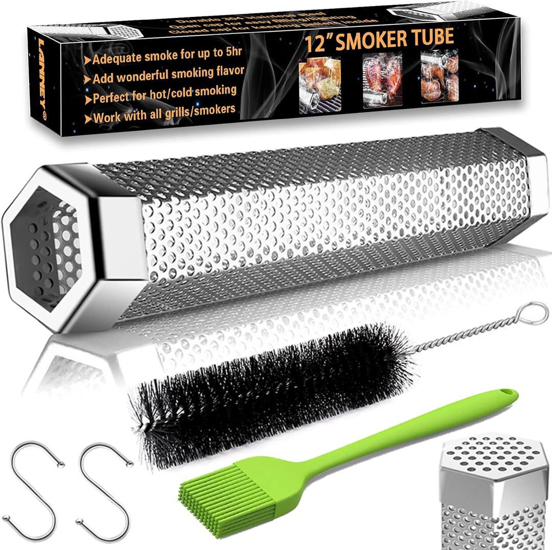 Smoke Tube for Pellet Smoker, 12'' Smoker Tube for Pellet Grill - Hot or Cold Smoker Accessories for Electric Gas Charcoal Grilling, Premium Stainless Steel Portable Barbecue Tube, Bonus Brush (Hexagonal)