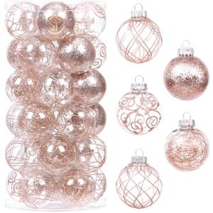 Sea Team 60mm/2.36" Shatterproof Clear Plastic Christmas Ball Ornaments Set with Glitter Painting, Transparent, See-Through, Crystal Baubles, Xmas Tree Decorations, (30 Counts, Rose Gold)