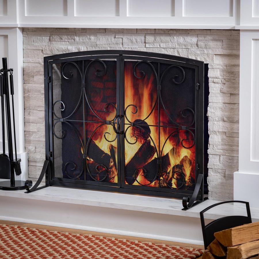 Plow & Hearth Metal Fireplace Screen Florence Black | 38" W x 31" H | Dual Magnetic Hinged Doors | Spark Guard Cover | Stand Alone Wrought Iron Panel Fire Place Cover