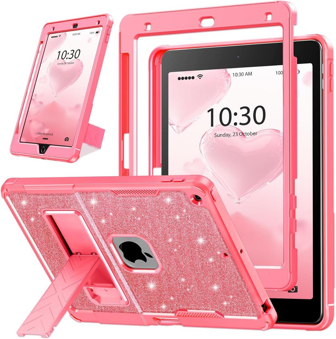 INFILAND Glitter Case for iPad 9th Generation (2021) / 8th Generation (2020) / 7th Generation (2019) 10.2 Inch, Heavy Duty Shockproof Protective Cute Cover with Kickstand for Kids, Girls (Pink)