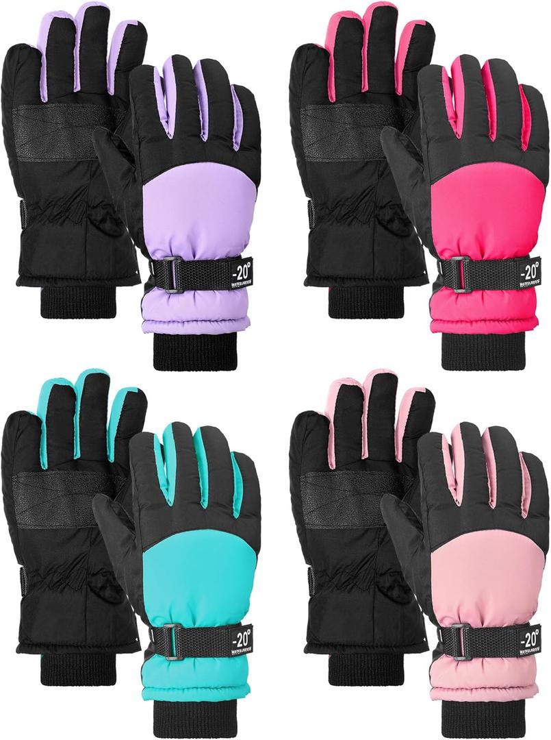 Hicarer 4 Pairs Winter Gloves for Kids Waterproof Snow Ski Gloves Girls Boys Warm Unisex Youth Clothes for Cold Weather (6 - 12 Years, Light Purple, Blue Green, Light Pink, Rose Red)
