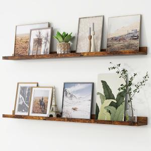 FLYJOE Picture Ledge Shelf, Floating Shelves Set of 2, 48 Inches Long Large Nursery Book Shelves for Toys Storage, Kids Bookshelf Wall Mounted for Living Room Bedroom Decor Books Photo Frames,Brown