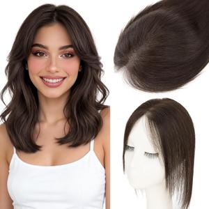 Hairro Human Hair Toppers For Women Wispy Thin Short Wiglet Hairpieces Natural No Bang Middle Part Side Bangs Hair Clip 12 Inches 19g #02 Dark Brown