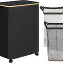 efluky Double Laundry Hamper with Wheels, Divided Laundry Hamper with Removable Bags, 2 Section Dirty Clothes Basket with Handles for Bathroom, Bedroom & Laundry Room, 160L Dark Black