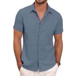 TUREFACE Mens Button Down Casual Summer Beach Shirts Short Sleeve Vacation Wedding Shirt with Pocket (Blue, S)