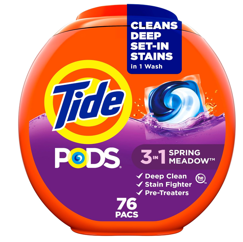 Tide PODS laundry detergent pacs, 3-in-1 Stain Remover, Odor Fighter, Color Protector, 76 Count, HE compatible, Spring Meadow Scent