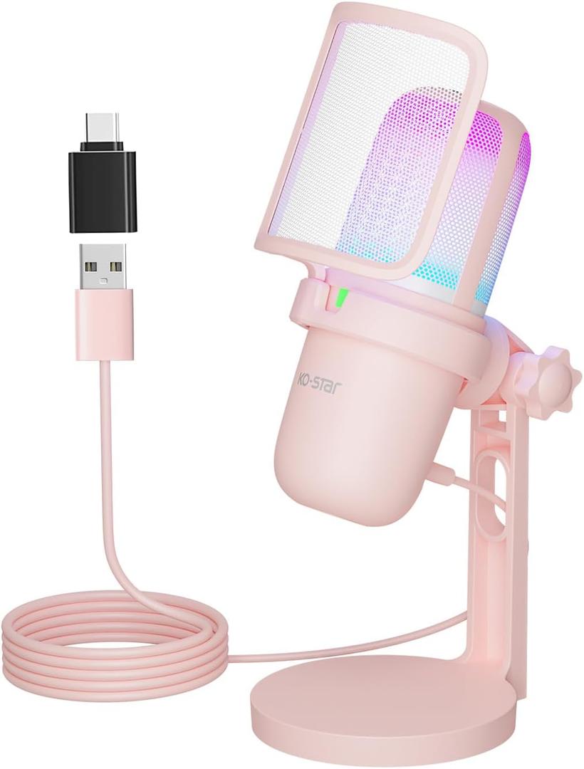 USB Streaming Gaming Microphone, PC Condenser Desktop Mic for Video, Home use, YouTube, with RGB Control, Gain Knob, 3.5mm Headphone Jack, Shock Mount, on Computer/PS5 - Pink
