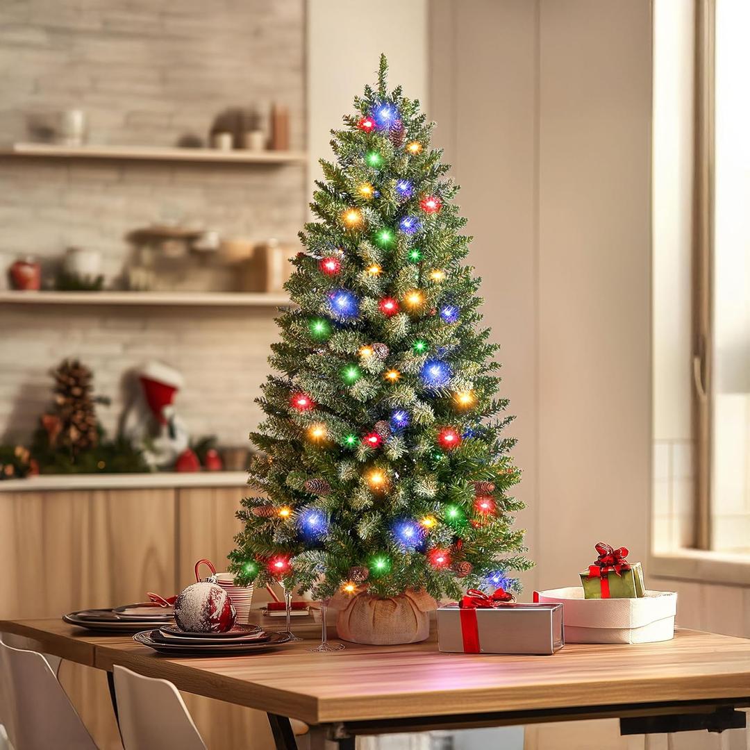 3FT Mini Christmas Tree,Tabletop Christmas Tree with Cloth Bag Base and Colorful LED Light, Snow Flocked Artificial Tree Christmas Decorative for Outdoor & Indoor 21.65"D x 21.65"W x 36"H