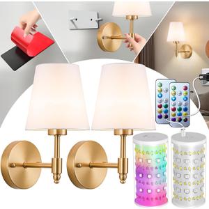 Vimhou Peel and Stick Wall Sconces, Stick On Wall Sconce Set of 2, Battery Operated Wireless Wall Light, No Drill Adhesive Wall Lamp, Corn Bulb with 10000mAh Rechargeable Battery, Bedroom Wall Decor, 11.8inch