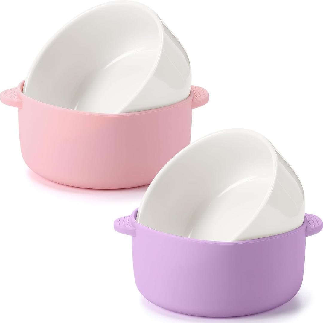 Domensi 2 Sets Kids Porcelain Bowls with Removable Silicone Sleeve 2-in-1 Porcelain Toddler Bowls Microwave Dishwasher Safe Cereal Snack Soup Dishes for Baby Children Feeding Supplies (Pink, Purple)