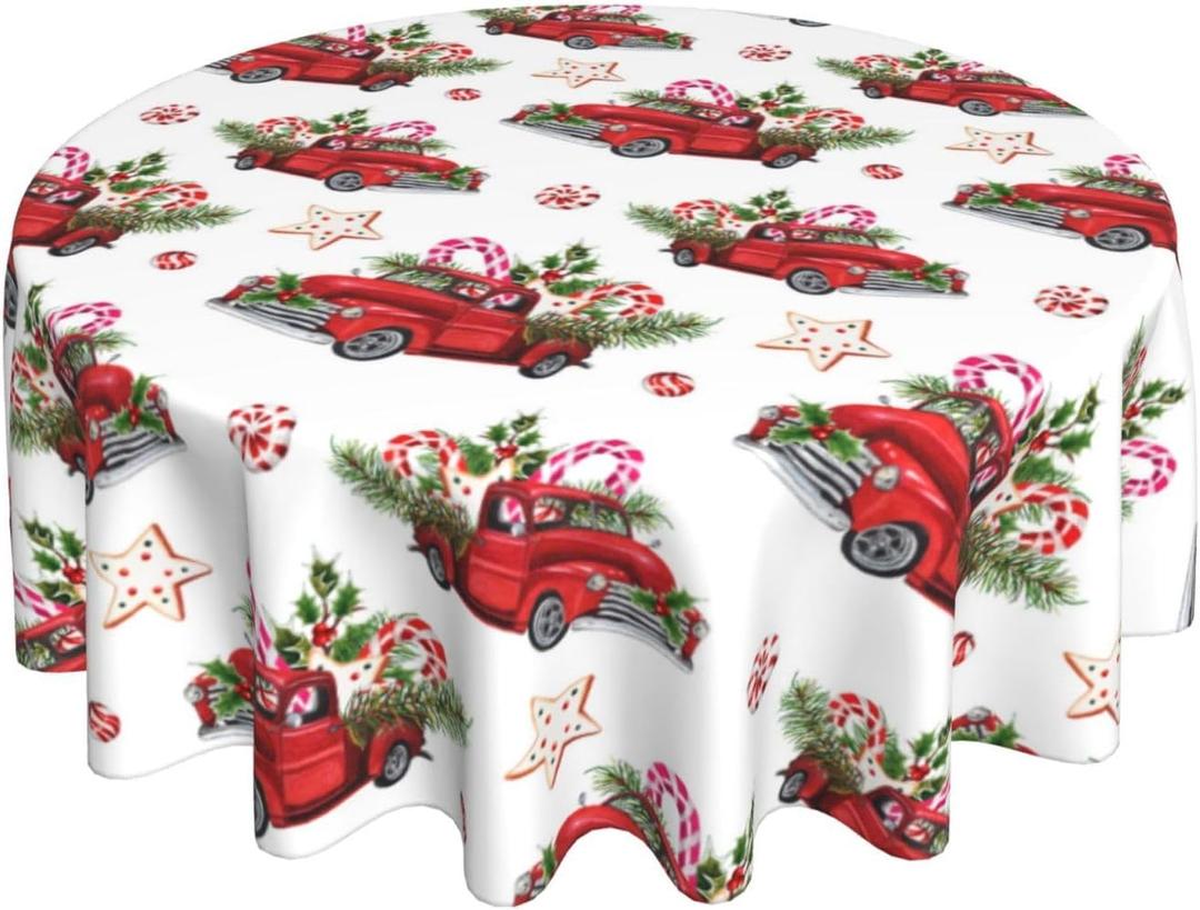 Christmas Red Truck Tablecloth Winter Fir Branch Xmas Star Candy Cane Round Tablecloths Circular Table Cover Cloths Washable Polyester Tabletop Runner for Kitchen Party Picnic Dining Decor 60 Inch