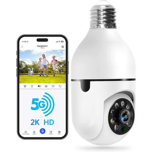 WESECUU Light Bulb Security Camera -5G& 2.4GHz WiFi 2K Security Cameras Wireless Outdoor Motion Detection and Alarm,Two-Way Talk,Color Night Vision,Human Detection, Bulb Camera Compatible with Alexa (2K/1-Pack, White)