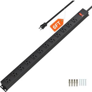 12 Outlet Long Power Strip with 15A Circuit Breaker, Black Wall Mount Heavy Duty Power Strip with 6FT/14AWG/15A/125V Extension Cord for Industrial, Garage, Office, Home and School, Black(6FT)