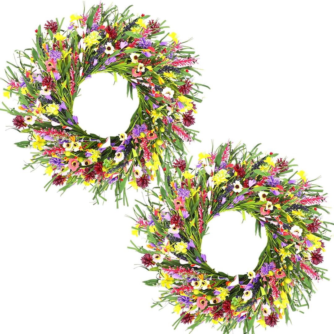 Hotop 2 Pcs Spring Summer Door Wreath for Front Door 22'' Artificial Daisy and Lavender Floral Wreath with Green Leaves Jasmine Orchid Flower for Indoor Outdoor Home Wedding Farmhouse Window Decor