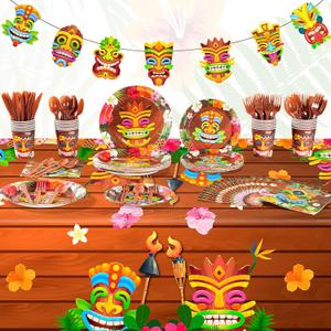 171 Pcs Hawaiian Luau Party Decorations Tiki Tableware Aloha Tropical Tablecloth Hawaiian Banner Paper Plates Napkins Tableware for Summer Hawaii Birthday Supplies Decorations