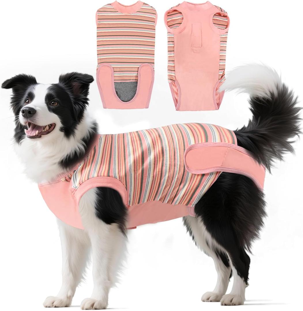 HeavenEye Dog Surgery Recovery Suit Onesies-Soft Cone Alternative for Female & Male Dogs, Post-Op Protective Wear, Stop Licking, Comfy Body Suit for Spay/Neuter After Surgery (Striped Pink,L)