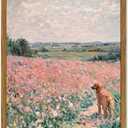 Framed Vintage Wall Art, Rustic Dog in Pink Floral Field Landscape Pictures Wall Decor, Farmhouse Animal Paintings Canvas Prints Cottagecore Home Decor for Living Room Bedroom Bathroom 16x24 inch