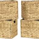 Rectangular Storage Baskets 13x11in, 4 Pack Water Hyacinth Wicker Bins with Handles, Foldable Natural Organizer for Shelves Kitchen Closet, Handwoven Storage Cubes