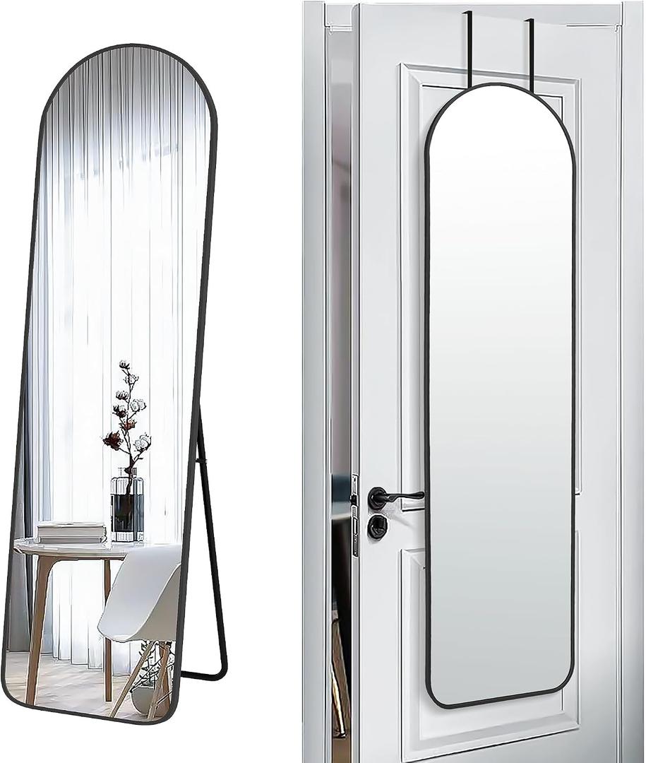 SCWF-GZ 57x16 Door Hanging Full Length Mirror, Floor Stand (Height 5.7ft just Body in1.3ft) / Wall Mounted Metal Frame Arch Dressing Mirrors for Bedroom Living Room 57 inch Black
