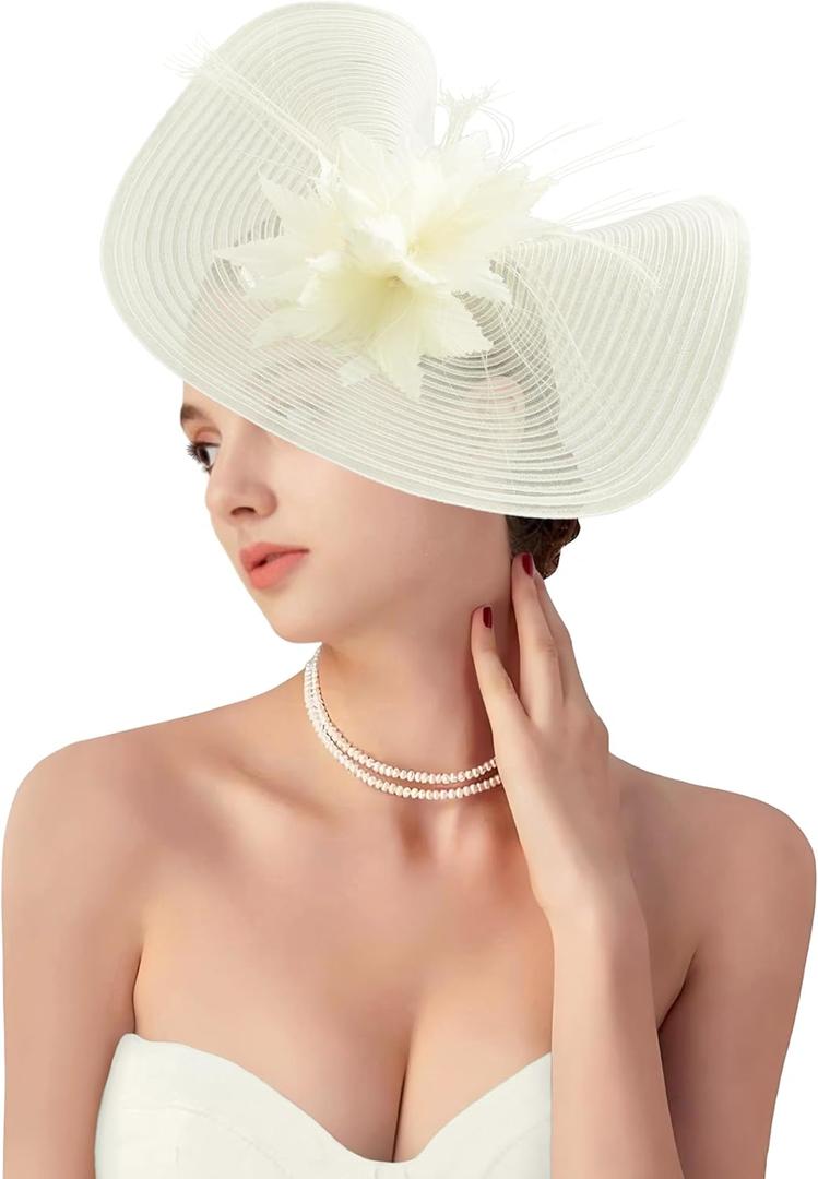dressfan Derby Fascinator Hats for Women Vintage Church Hats Wedding Tea Party Hair Accessories (Beige)
