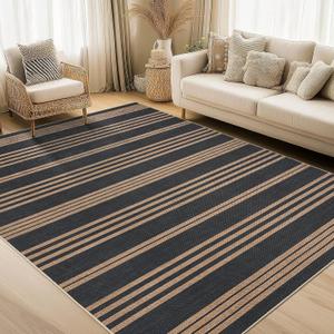 Garvee Large Easy Jute Living Room Rugs 8x10 Rug, Non Slip Foldable Striped Printed Floor Mats, Machine Washable Indoor Outdoor Carpet for Bedroom, Garden, Black and Brown
