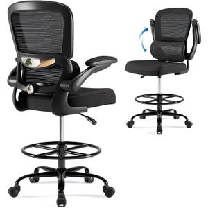 TRALT Drafting Chair - Tall Office Chair with Lumbar Support for High Desk | Ergonomic Standing Desk Chair with Adjustable Footrest Ring - High Office Chair with Flip-up Armrest for Adults (Black, 1)