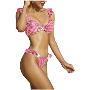 BEAUDRM Women's 2 Piece Plain Bikini Set V Neck Ruffle Trim Bow Triangle Set High Cut Bikini Swimsuit Bathing Suit Beachwear Pink A Large, Size L