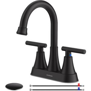 Bathroom Faucets for Sink 3 Hole, Hurran 4 inch Matte Black with Pop-up Drain and 2 Supply Hoses, Stainless Steel Lead-Free 2-Handle Centerset Faucet for Sink Vanity
