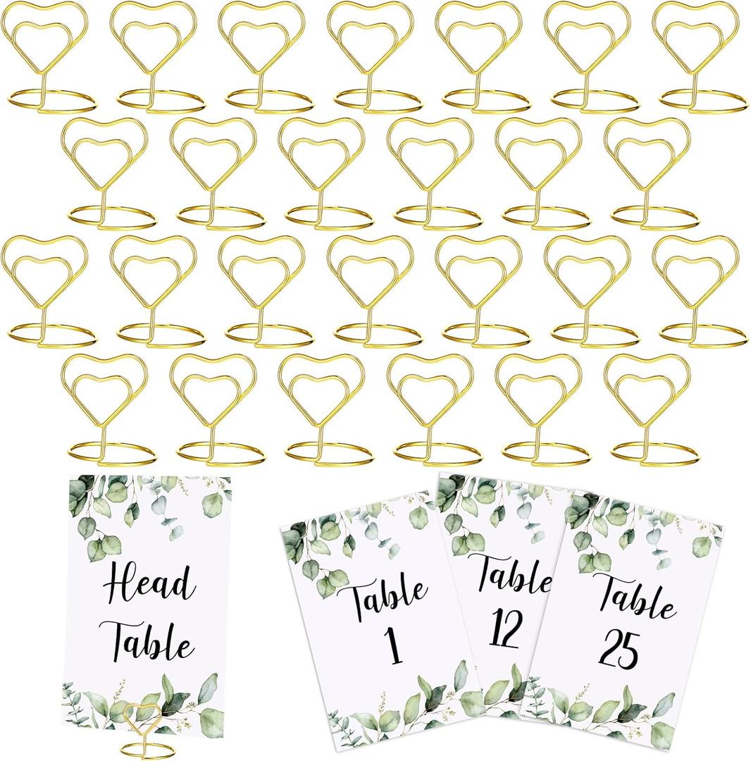 Spakon 52 Pcs Wedding Table Numbers 1-25 and 1 Head Card with 26 Gold Heart Table Number Holders for Wedding Birthday Baby Shower Party Reception