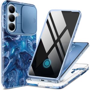 GVIEWIN for Samsung Galaxy S26 Plus Case,[Slide Camera Cover & Built-in Privacy Screen Protector] [Military-Grade Shockproof] Marble Full Body Protection Phone Case for S26+ Plus 6.7",Star Abyss/Blue