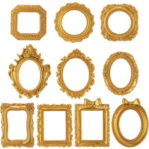 Lineshading 10 Pcs Mini Gold Picture Frames Vintage Small Resin Photo Frames Bulk Ornate Baroque Decor for Table Top, Jewelry Display, Refrigerator & Wedding Favors Antique Gold Ornament Set (Classic)