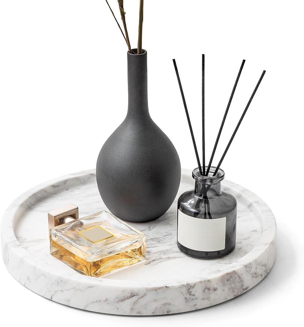 WORHE Natural Marble Decorative Tray for Bathroom Bedroom Kitchen Dresser, Round Vanity Trays for Jewelry, Perfume, Cosmetic, Candle, Countertop Storage Organizer for Home Decor Color White (TP601) (9.4")