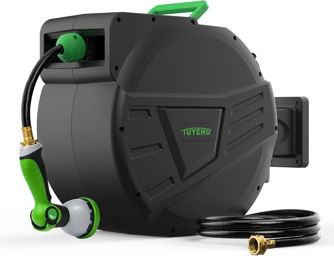 Tuyeho Retractable Garden Hose Reel 100FT, Wall Mount Heavy Duty Water Hose Reels with Automatic Slow Rewind System, Outdoor Hoses Reel with 2 Hose Nozzles for Garden Watering, Car Wash, Pet Shower