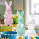 Easter Bunny Decorations, Flocked Bunnies Figurine with Soft Velvet Texture, 5.5" Resin Rabbit Ornaments, Spring Decor for Home Office Table Centerpiece Gift (Green&Pink&White)