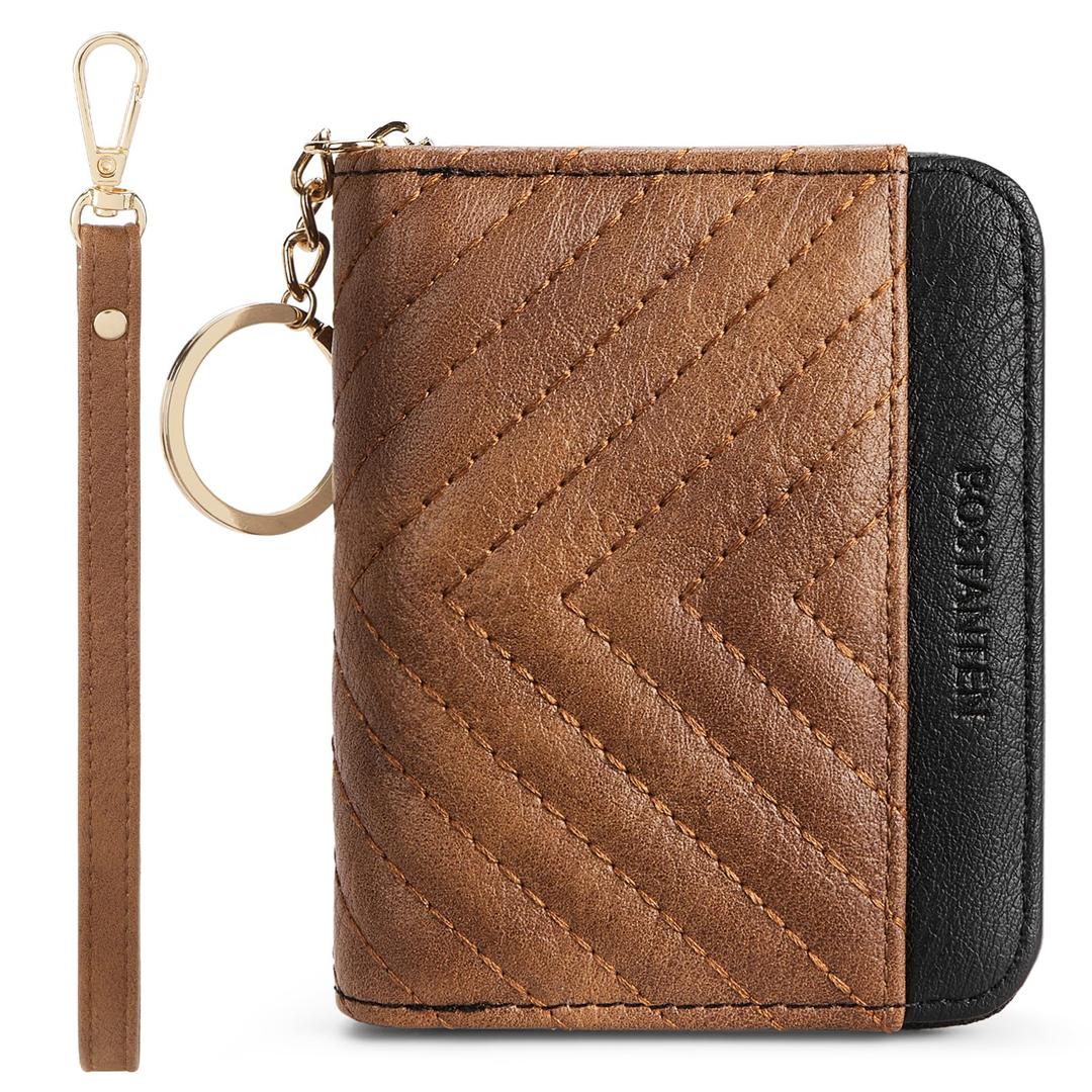 BOSTANTEN Credit Card Holder Wallet RFID Blocking Leather Small Wallet for Women Zipper Keychain Wallet with Wristlet Brown＆Black