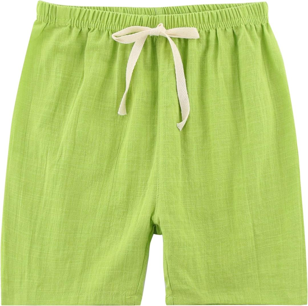 Children's Cotton Linen Shorts for Summer, Beach Vacation Shorts for Baby Boys & Girls, Colorful Linen Pants (4T, Green)