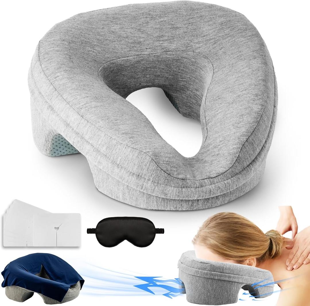 VVB Face Down Pillow for Massage Table, Massage Headrest for Bed, Stomach Sleeping Pillow with Face Cradle Pad, BBL Pillows After Post Eye Surgery Recovery, Massage Pillow with Removable Cover Grey (Gray)
