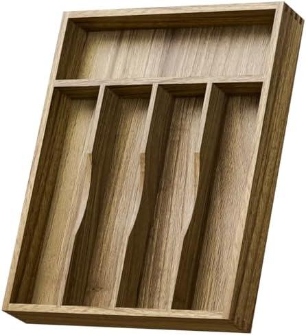 Kiasthome Acacia Wood Silverware Drawer Organizer, Kitchen Utensil Cutlery Drawer Organizer with Grooved Dividers, Flatware Organizer Silverware Tray Holder for Spoon, Fork, 11''x13.8'' (5 Slots)