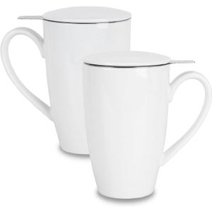 amhomel Porcelain Tea Mug with Infuser and Lid, 16 Ounce Ceramic Tea Cup for Loose Leaf, Coffee, Cocoa and Milk, Tea Gift for Tea Lovers, Set of 2(White)