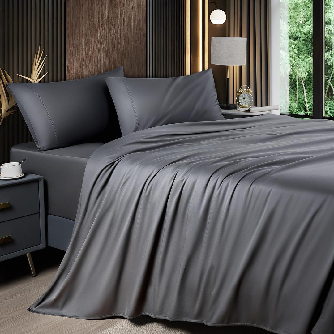 Shilucheng 4 Piece Full Sheet Sets, Cooling Sheets, Blend Rayon Derived from Bamboo, Deep Pocket Up to 16", Breathable & Soft Bed Sheets, Hotel Silky Bedding Set, Dark Grey