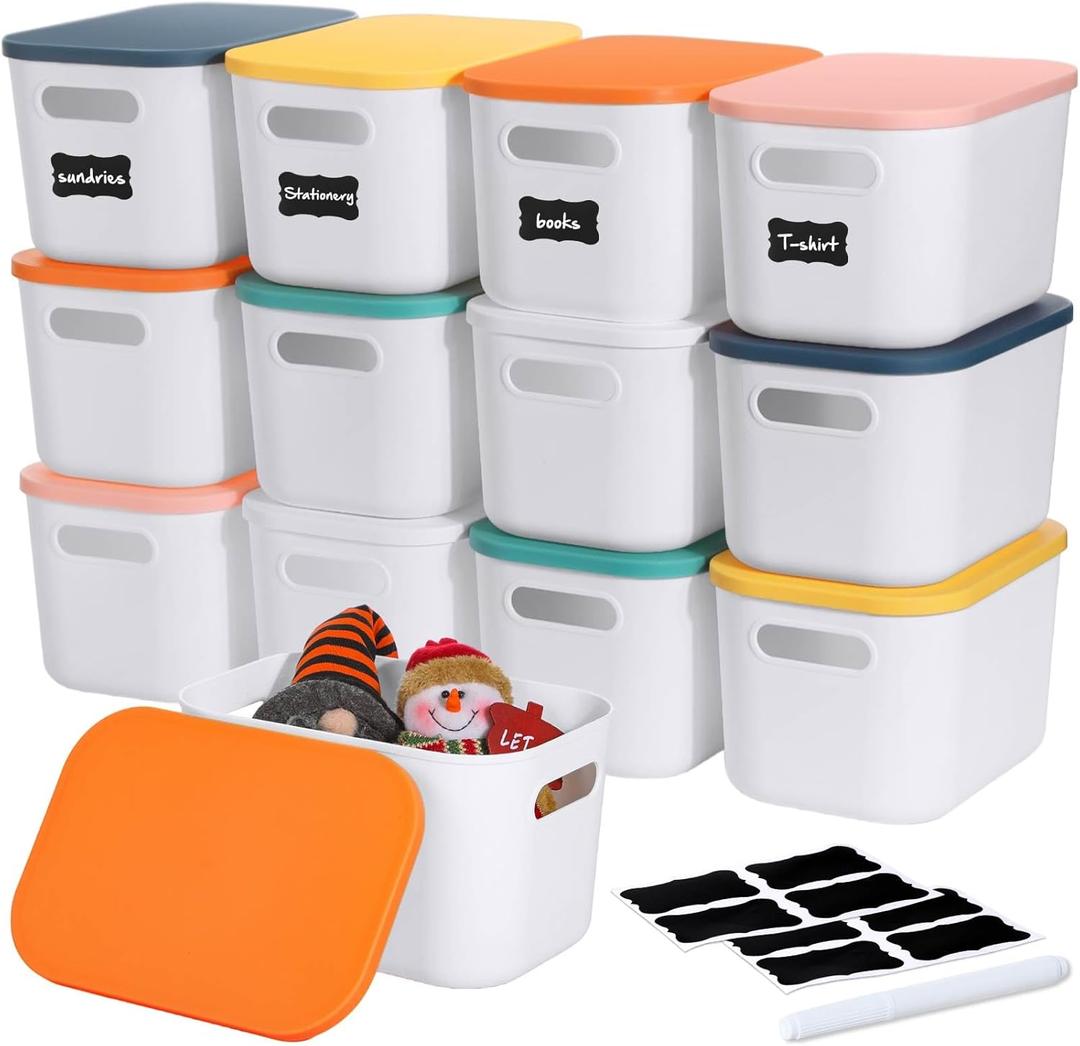 Thyle 12 Pack 7 Quarts Plastic Storage Bins for Storage with Lids Handles Colorful Stackable Desktop Box Bins with Label for Shelf Drawer,10 x 7 x 6 Inch (White)