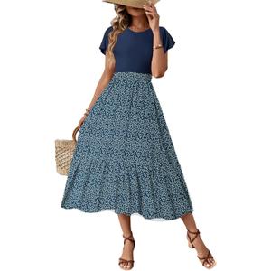 Dokotoo Women's Summer 2025 Maxi Dress Ruffle Short Sleeve Casual Floral Print Long Flowy Dresses (Blue, L)